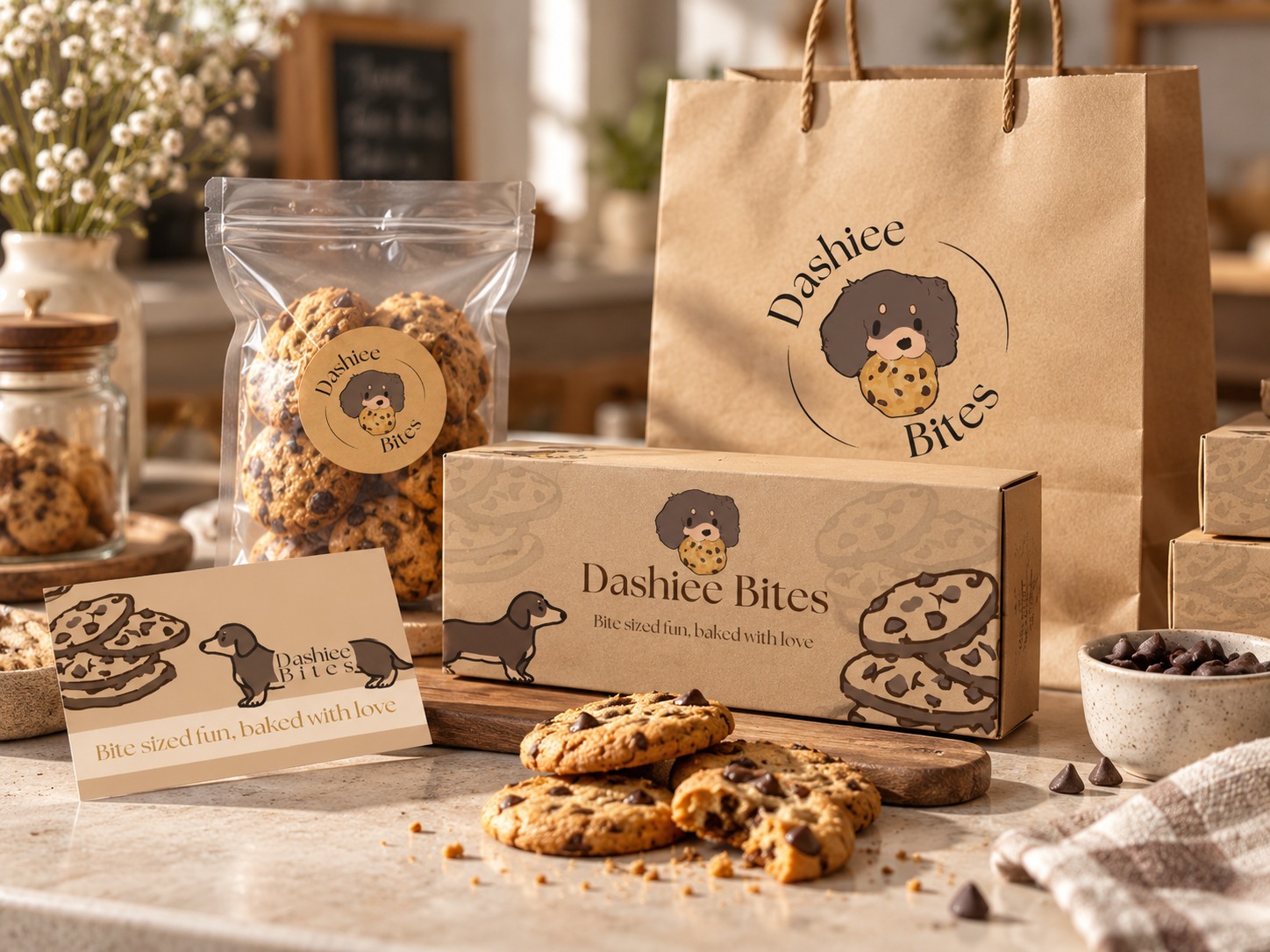Dashiee Bites cookie packaging and brand stationery mockup